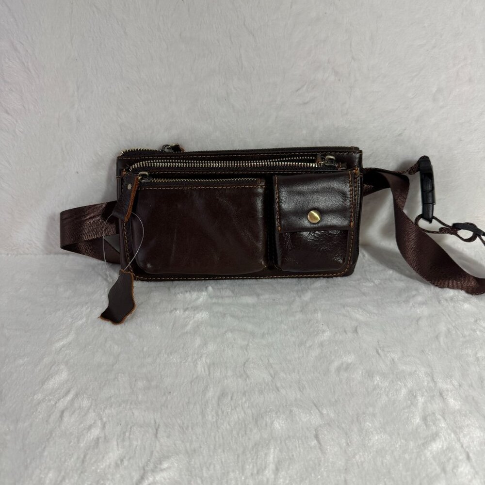 Vintage-Style Leather Waist Bag With Adjustable Strap & Multiple Compartments